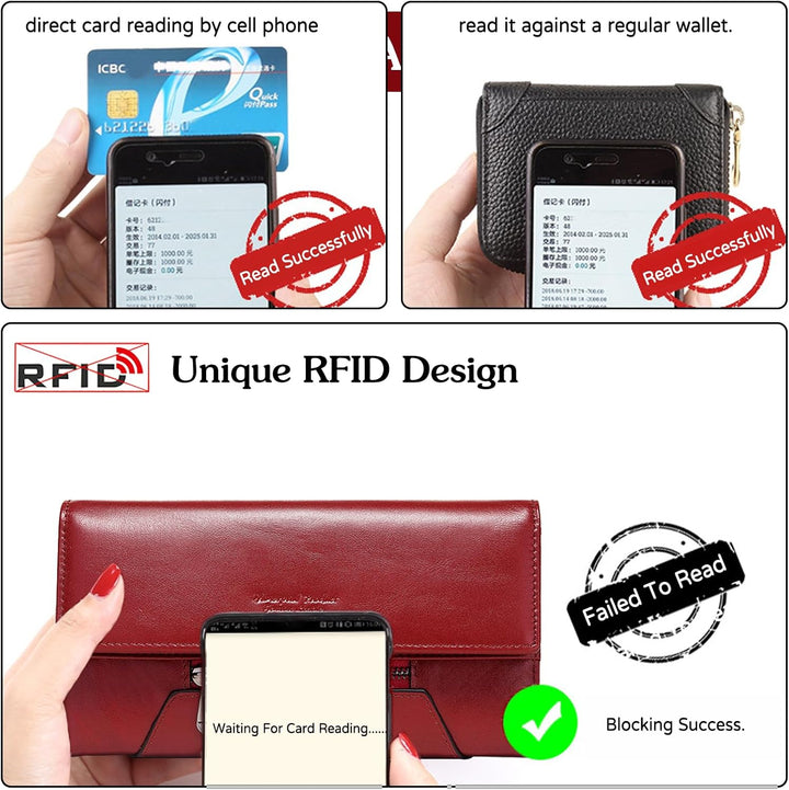 Geldbeutel Damen Leder RFID Schutz Geldbörse Large Portemonnaie Minimalistisch Lange Brieftasche Rot