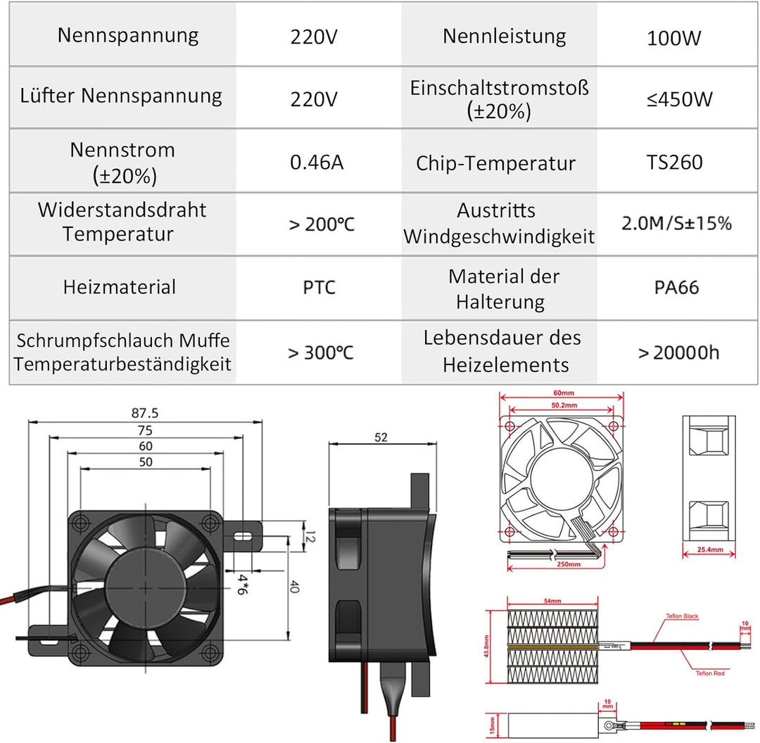 PTC Luftheizung 220V 100W PTC Heizung mit Netzkabel Konstante Temperatur Elektrische Keramikheizung