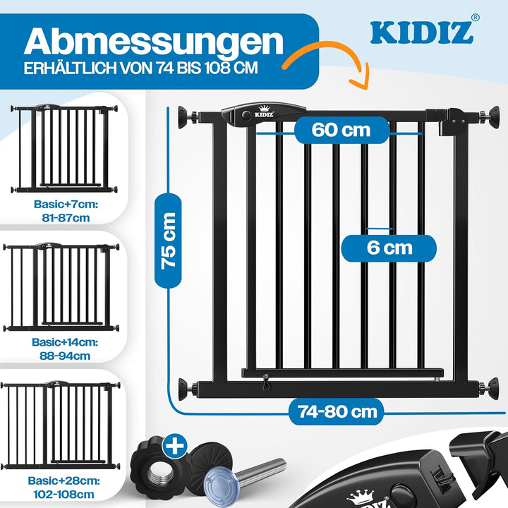 KIDIZ Treppenschutzgitter ohne Bohren | Verstellbare Breite: 74-80 cm, 75 cm hoch, Türschutzgitter u