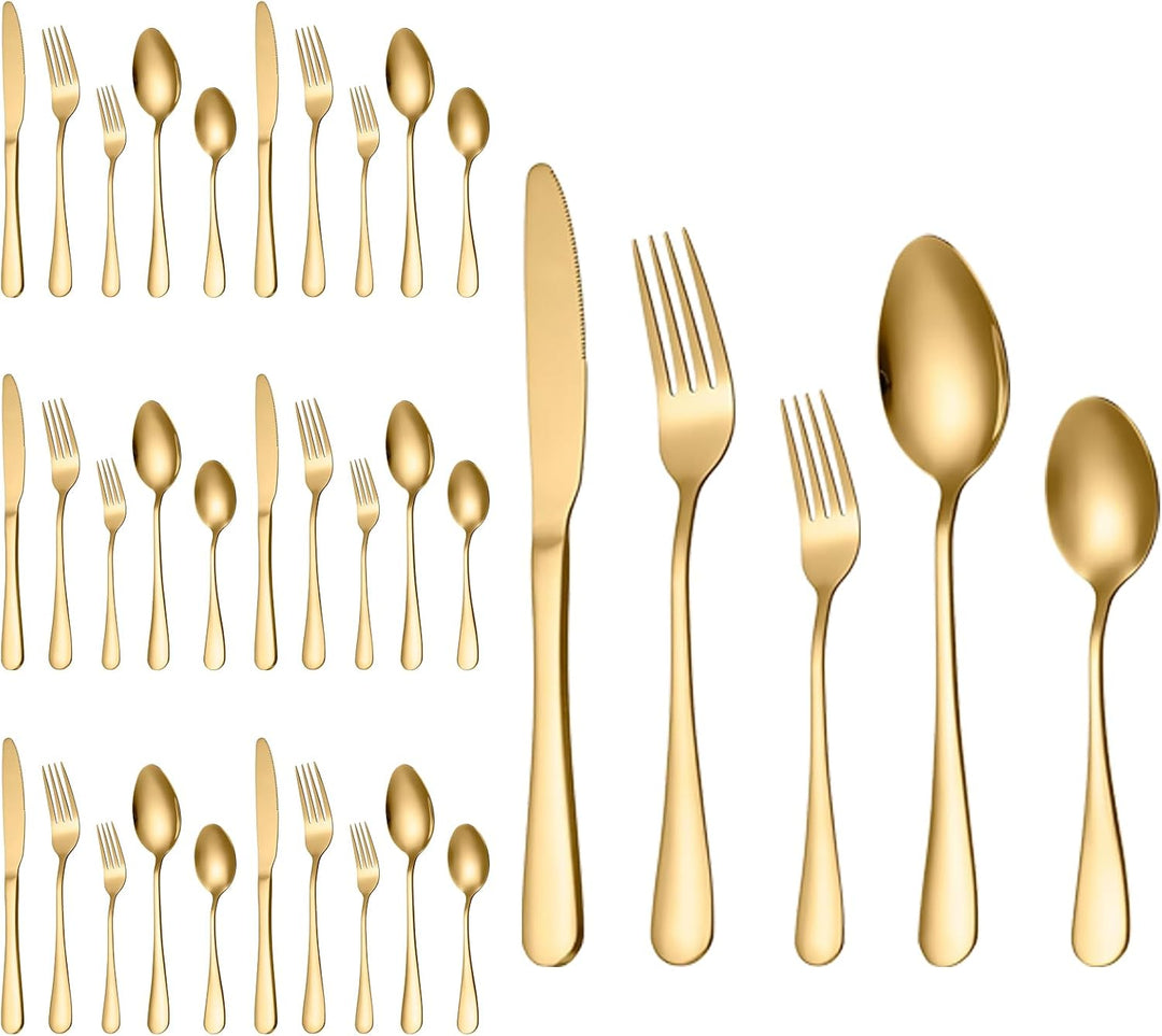 Besteck Set für 6 Personen, 30 teilig Edelstahl Besteckset, Gold Essbesteck Set mit Kuchengabeln Mes