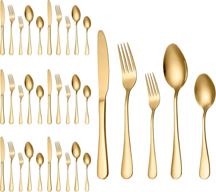 Besteck Set für 6 Personen, 30 teilig Edelstahl Besteckset, Gold Essbesteck Set mit Kuchengabeln Mes