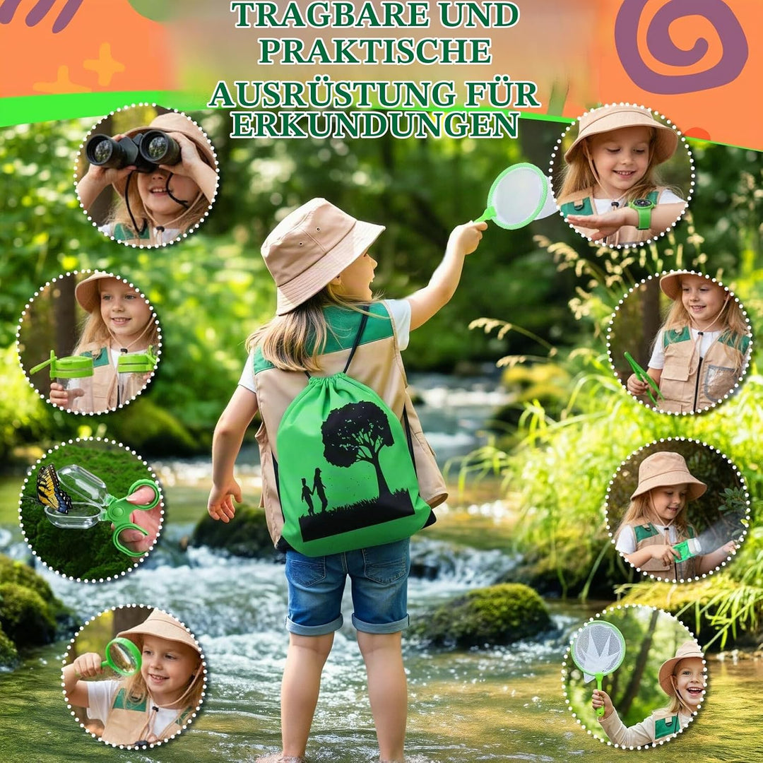 Forscherset für Kinder, 11Pcs Safari Kostüm mit Entdeckerhut Weste Fernglas Kinder Schmetterlingsnet