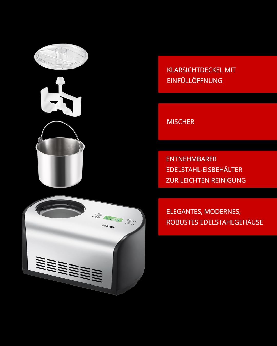 Unold 488659 Eismaschine One inkl. Eisbuch mit 101 Rezepten | Speiseeisbereiter 1,2 L, vollautomatis