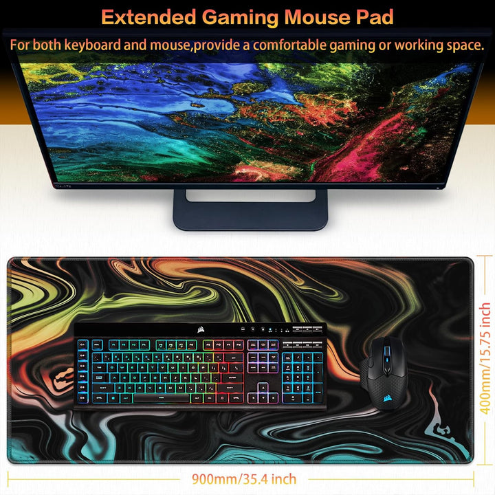 Abetcabe Gaming Mauspad XXL, Mousepad 900 x 400mm, Fluid Art Mauspad gross Vernähte Kanten WassXerdi