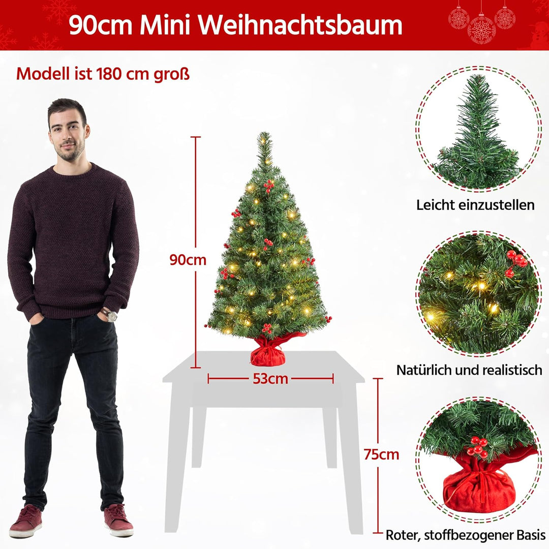 Yaheetech 90cm Mini Künstlicher Weihnachtsbaum mit 50 Warmweiss LED Beleuchtung & 60 Roten Beeren Kl