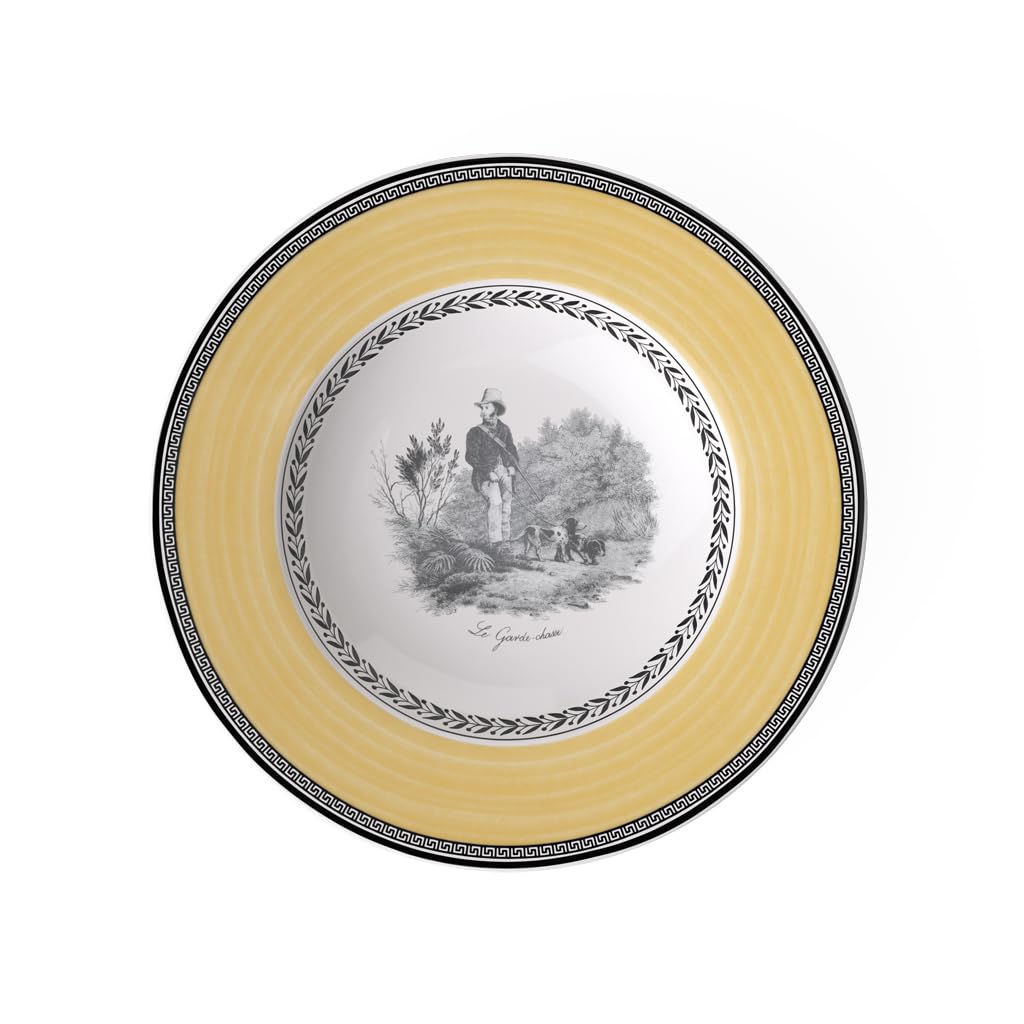 Villeroy und Boch Audun Chasse Suppenteller, 24 cm, Premium Porzellan, Weiss/Grau/Gelb 24 cm Landhau