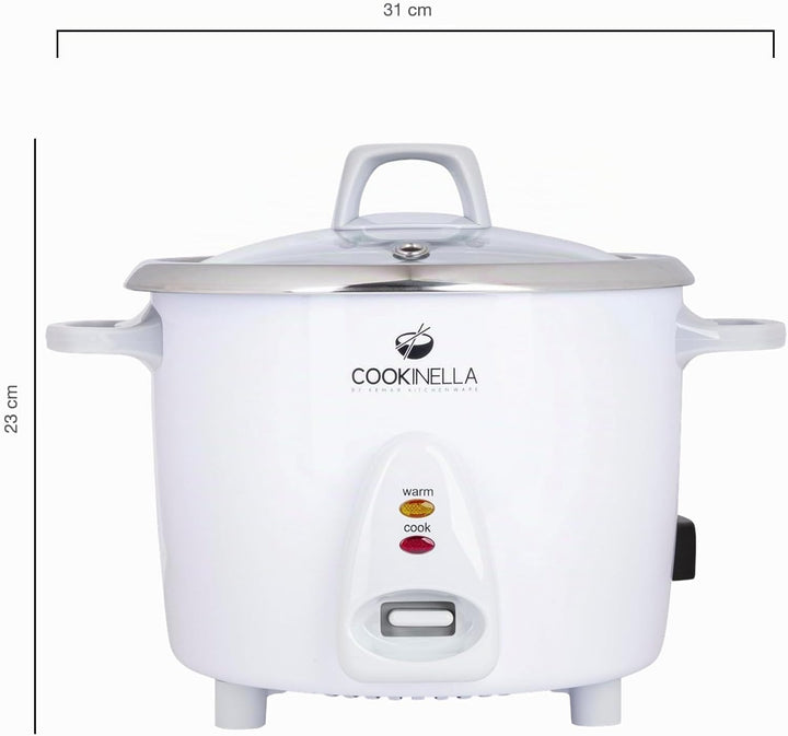 KeMar Kitchenware KRC-200 Reiskocher Edelstahltopf (1,4L, 500W, Weiss) | Glasdeckel | Bambuslöffel,