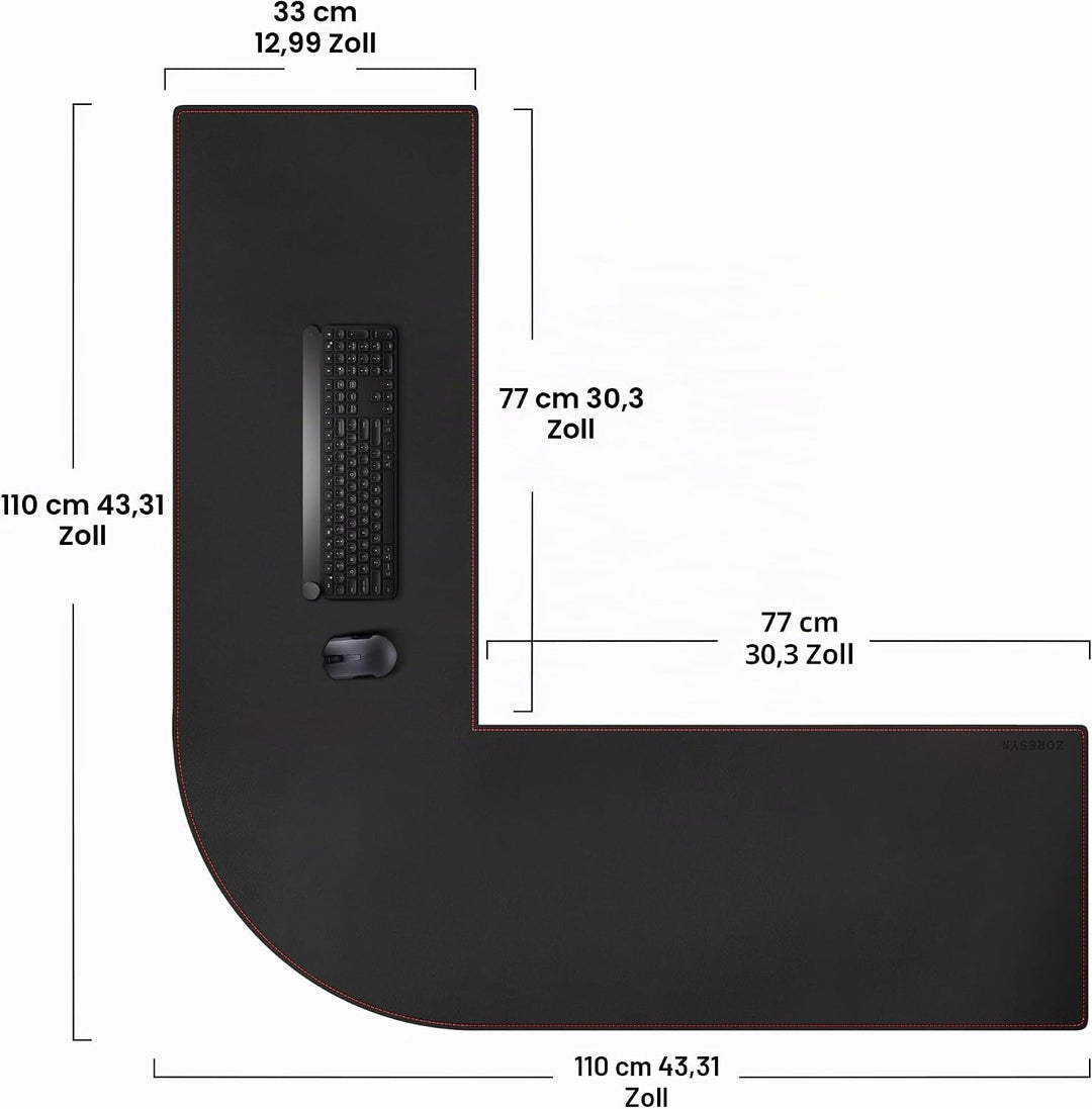 ZORESYN L förmiger Schreibtischunterlage 110cm (L) x110cm (L) x 33cm (B), Eck-Büro-schreibmatte PU L