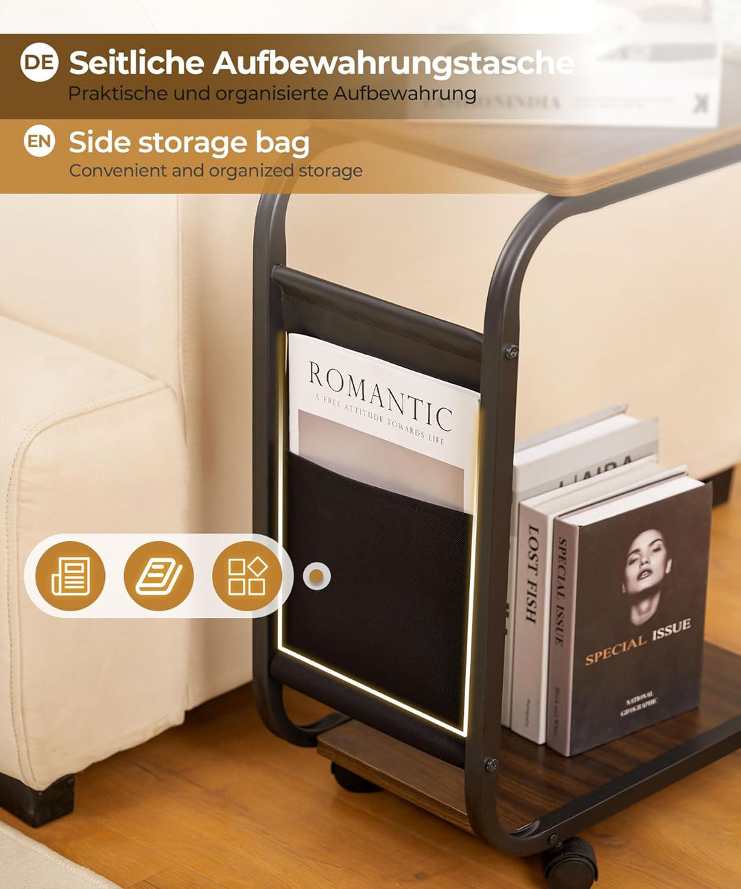 Yorbay Beistelltisch Holz Couch, Sofatisch mit Rollen und Aufbewahrungstasche, C Form Mobiler Kaffee