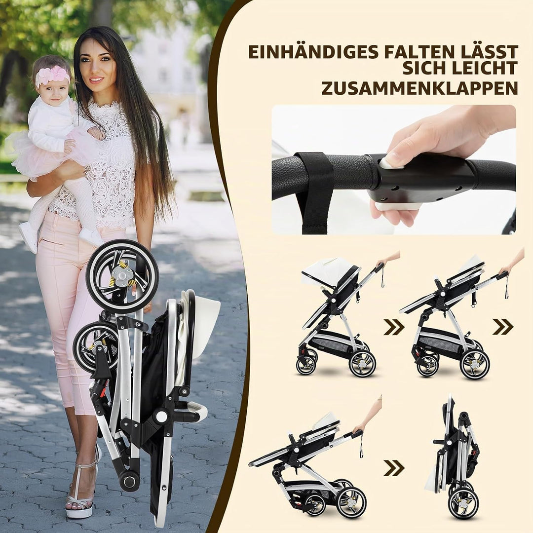 Gcarebb 3-in-1-Kinderwagen aus PU-Leder, Stadtkinderwagen mit Autositz, tragbarer Ein-Klick-Klappsto