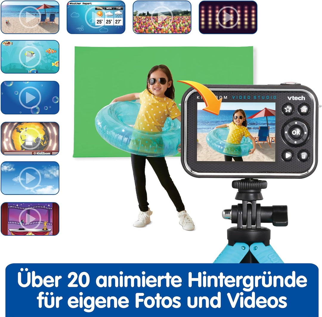 VTech Kidizoom Video Studio HD blau – Kinderkamera mit Greenscreen, Stativ, Effekten, Selfielinse un