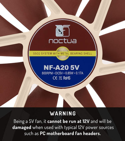 Noctua NF-A20 5V, Leiser Premium-Lüfter mit USB Stromadapterkabel, 3-Pin, 5V Version (200x30mm, Brau