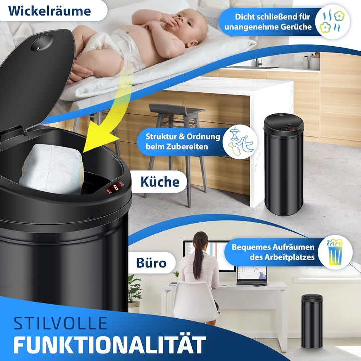 KESSER® Sensor Mülleimer ✓ Automatik ✓ Abfalleimer ✓ Abfall | EDELSTAHL | Farbe: SCHWARZ | Grösse: 3