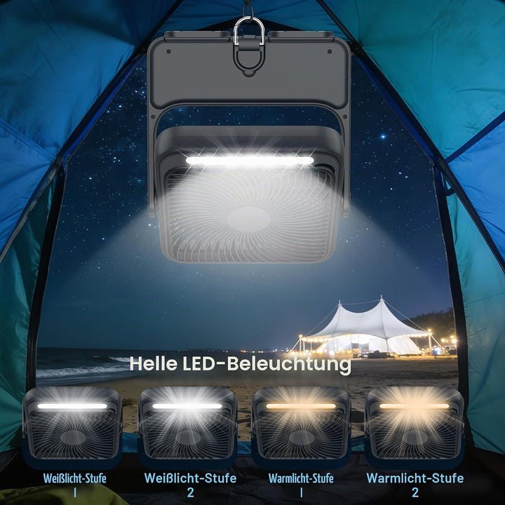 Ventilator 20000mAh Akku Tischventilator USB Camping Ventilatoren mit Lampe, 4 Getriebe,12-43 Std.La