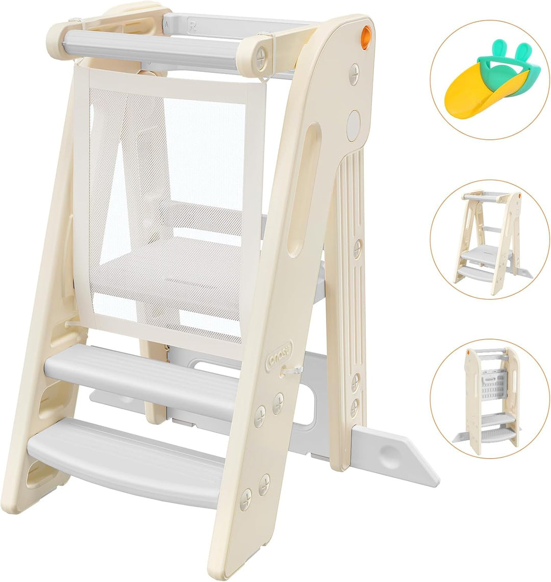 Lernturm für Kinder mit Sicherheitsgeländer, Lernturm Klappbar, Höhenverstellbar, Learning Tower mit