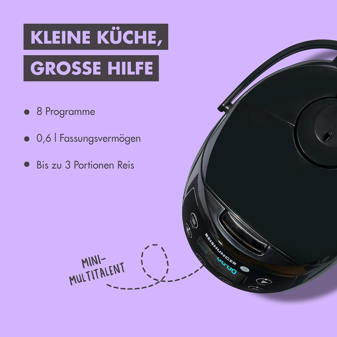 REISHUNGER Digitaler Reiskocher klein, bordeaux | 0,6 L bis 3 Personen | Warmhaltefunktion, Timer &