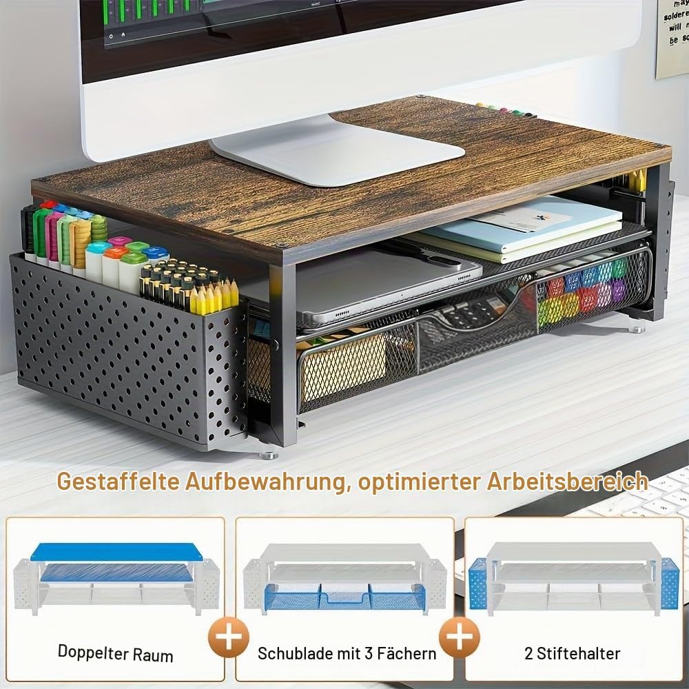 Monitorständer, Monitorständer Mit 2 Ebenen, Schreibtisch Organizer | mit Schublade und 2 Stifthalte