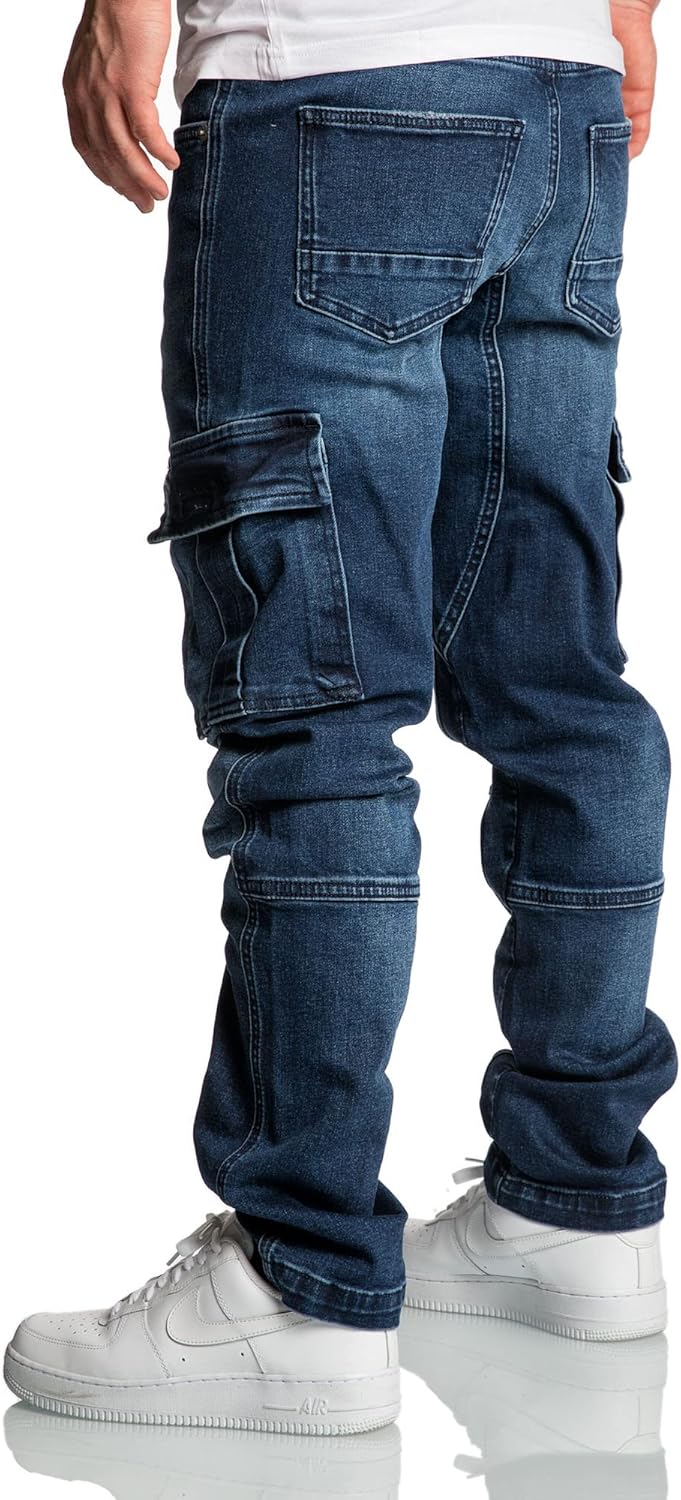 Amaci&Sons Herren Cargo Jeans Regular Slim Denim Hose Destroyed 7977 32W / 32L Dunkelblau, 32W / 32L