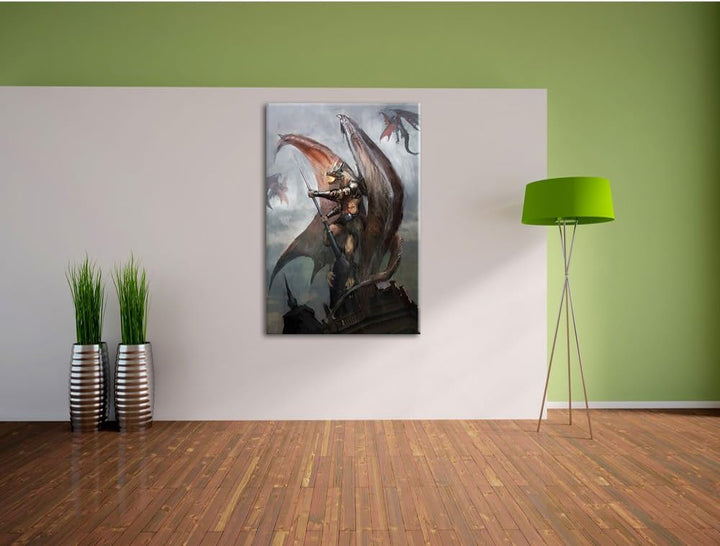 Pixxprint Fiktiver Drachenmann auf der Spitze der Stadt, Format: 100x70 auf Leinwand, XXL riesige Bi