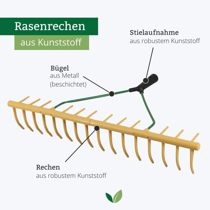 Rekord Rasenrechen 64 cm, Stabiler Kunststoff-Rechen mit 16 und 12 Zinken, ohne Stiel - Gartenrechen