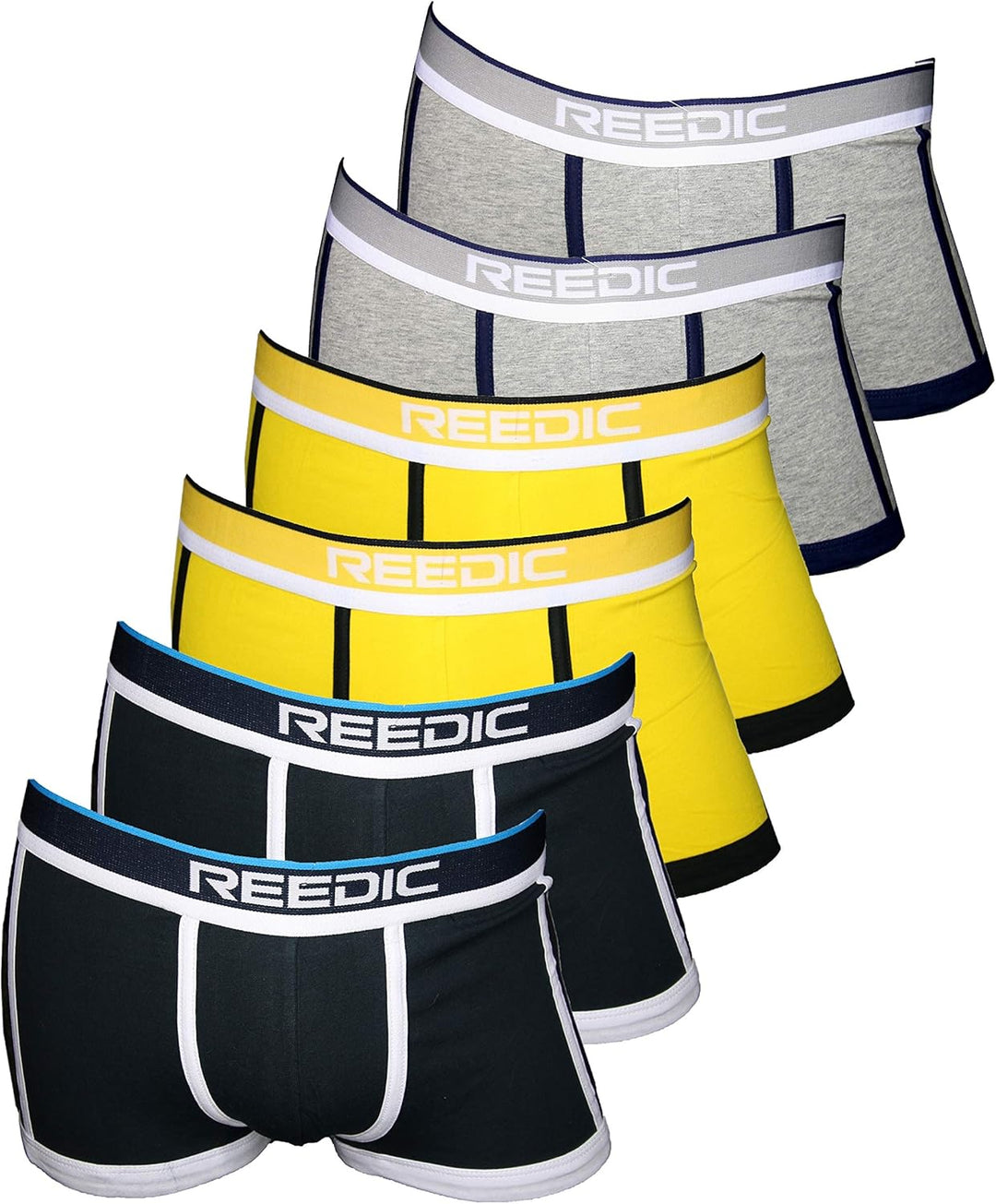 Reedic Herren Boxershorts Baumwolle 6er Pack, Grösse XX-Large (2XL), Farbe je 2X grau, gelb, dunkelb