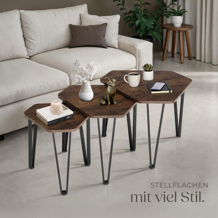tectake Beistelltisch 3er Set, sechseckiger Couchtisch in 3 Grössen, Industrie-Stil, Holz Satztische