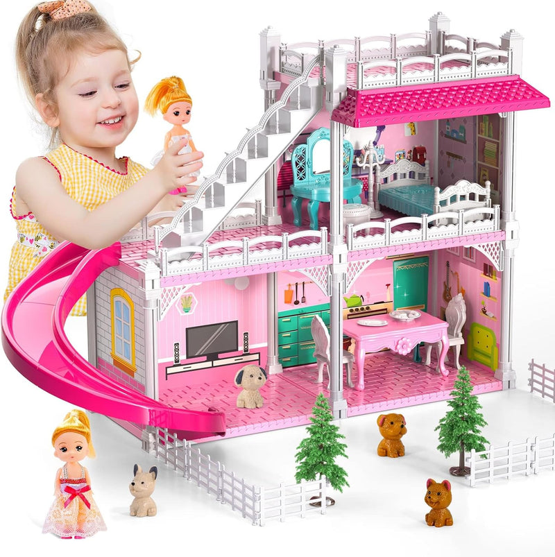 Doloowee puppenhaus Mädchen Traumspielzeug Möbel Rosa Mädchen Spielzeug, 2-Stories 3 Zimmer Puppenha