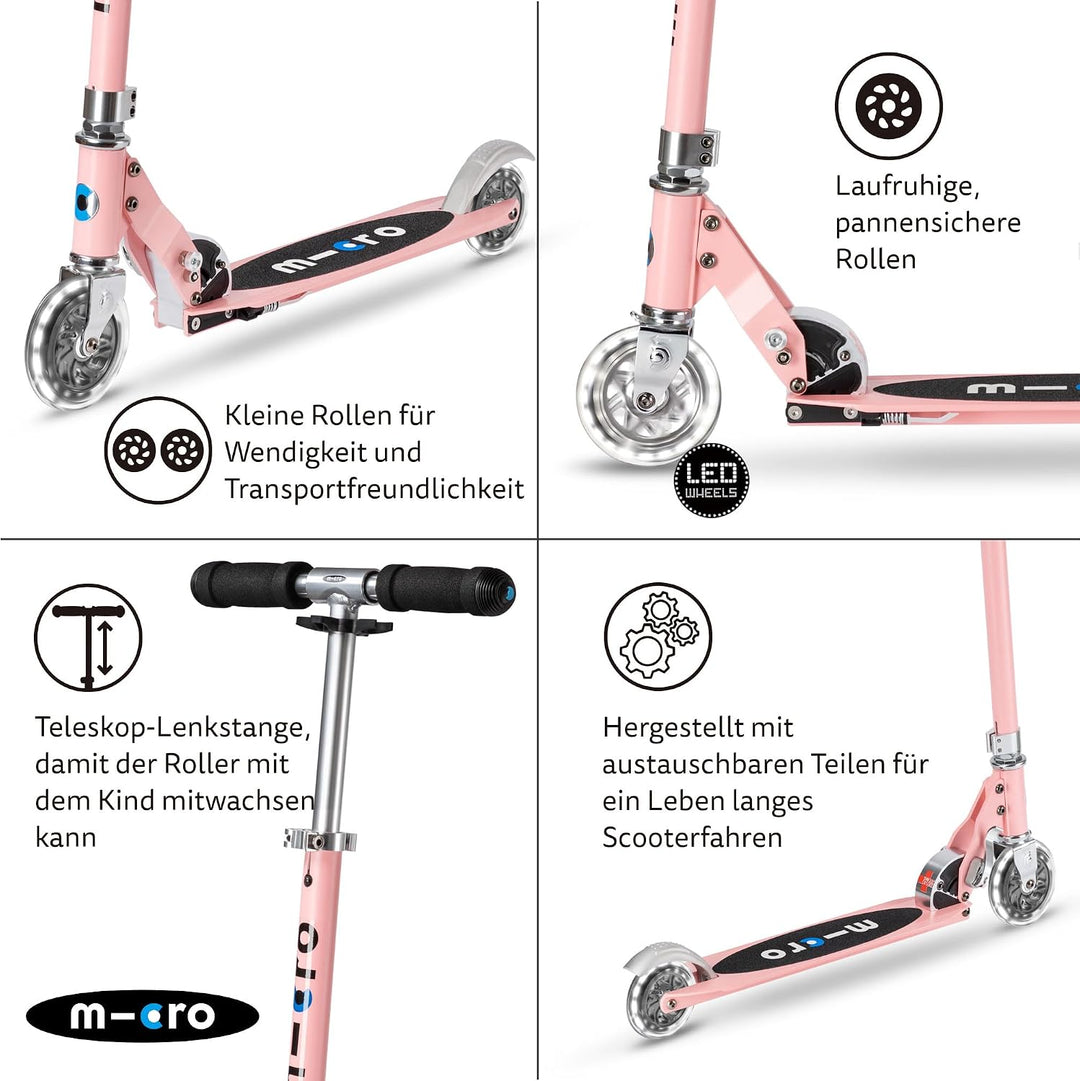 Micro Mobility Sprite LED Cityroller aus Aluminium in der Farbe Neon Rose Lenkerhöhe verstellbar, SA