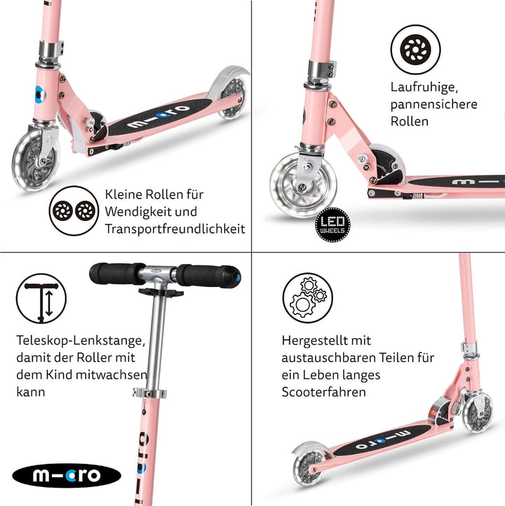 Micro Mobility Sprite LED Cityroller aus Aluminium in der Farbe Neon Rose Lenkerhöhe verstellbar, SA