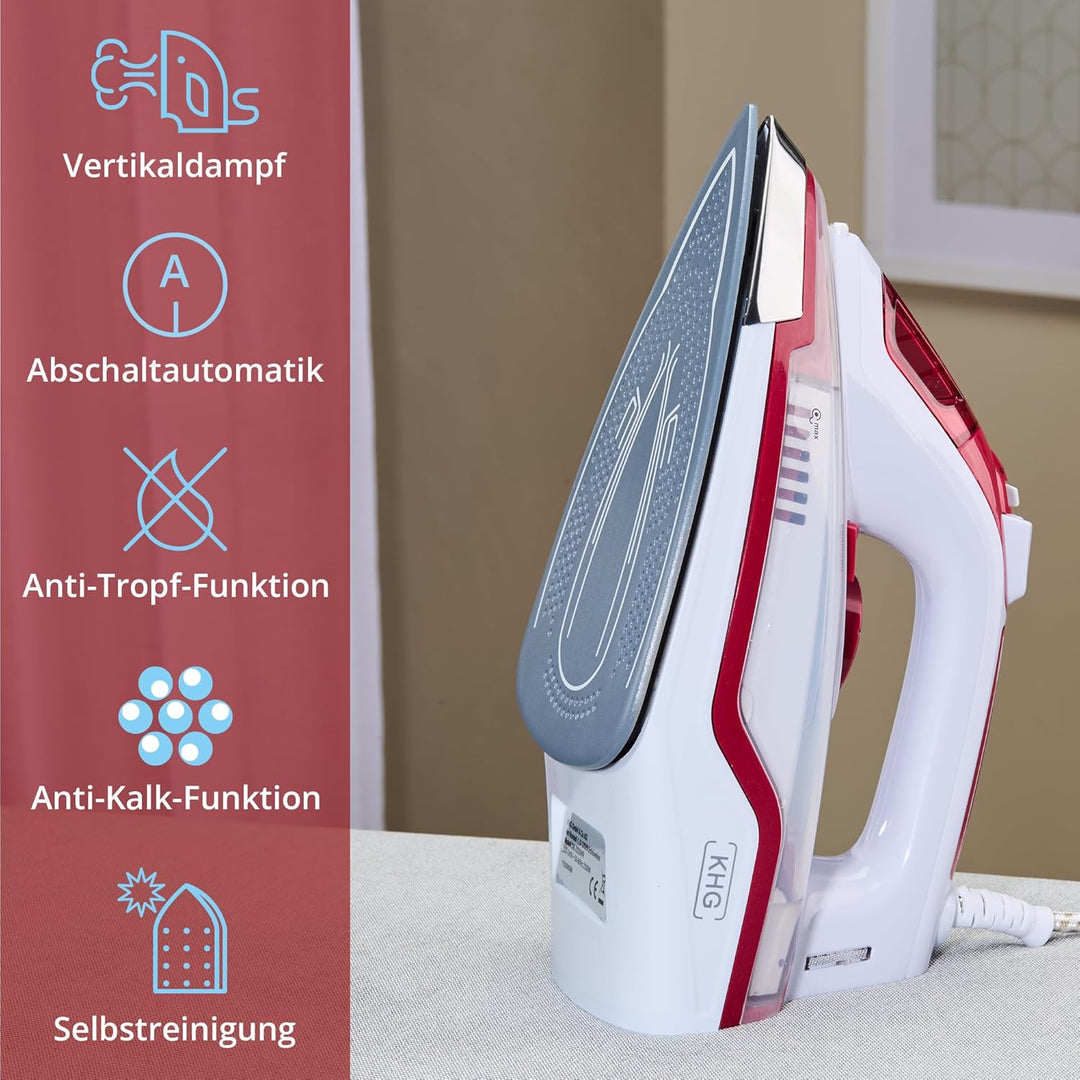 KHG Dampfbügeleisen DB-2202WR Rot Keramik, Anti-Kalk-Funktion, Abschaltautomatik, Selbstreinigungsfu