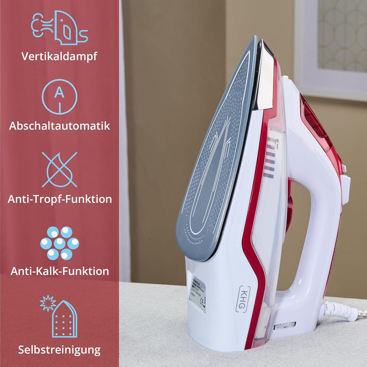 KHG Dampfbügeleisen DB-2202WR Rot Keramik, Anti-Kalk-Funktion, Abschaltautomatik, Selbstreinigungsfu