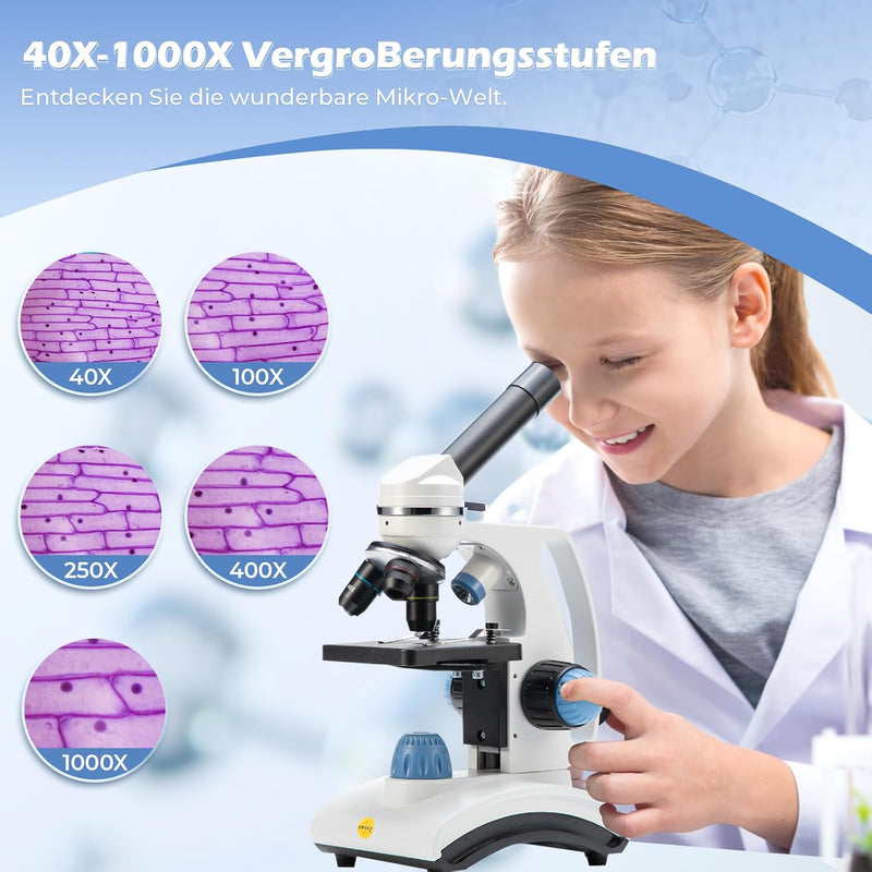 SW100 40X-1000X Vergrösserung Kinder Verbundmikroskop für Anfänger, Einsteiger Mikroskop mit drehbar