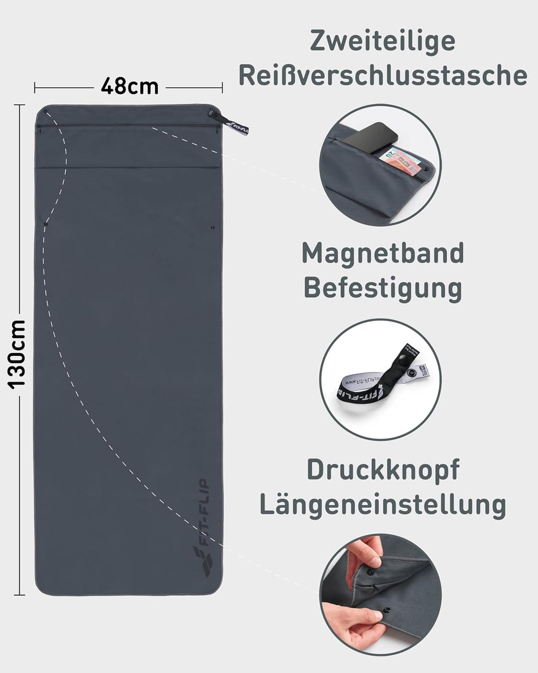 Fit-Flip Fitness Handtuch - mit Magnet und Reissverschluss Tasche - Gym Handtuch aus Mikrofaser für