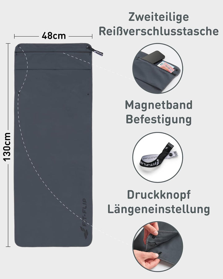Fit-Flip Fitness Handtuch - mit Magnet und Reissverschluss Tasche - Gym Handtuch aus Mikrofaser für