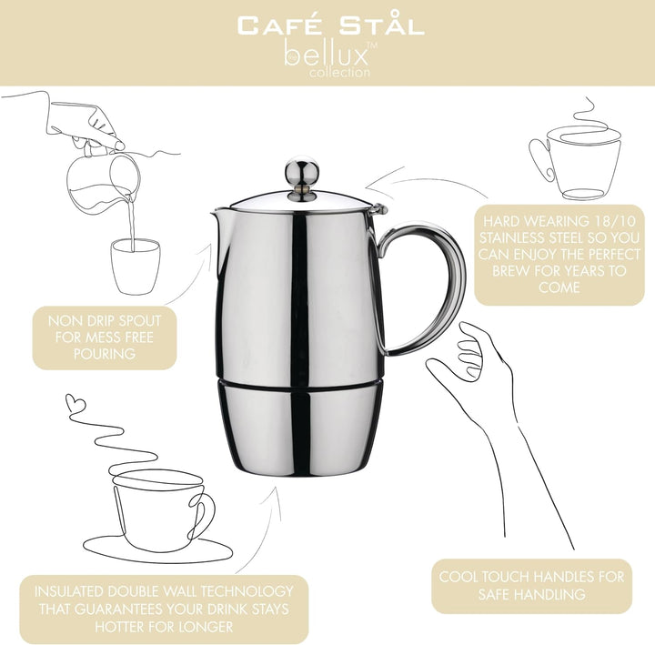 Café Stål BEC-06M Bellux Espresso Kaffeekocher aus 18/10 Edelstahl – 6 Mokkatassen, 280 ML 280ML, 28