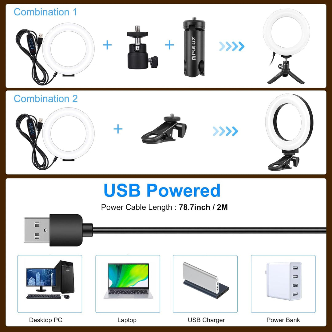 PULUZ Ringlicht PC mit Clip & Stativ 5 Zoll Videokonferenz Licht Dimmbares 3 Lichtfarben+Helligkeit