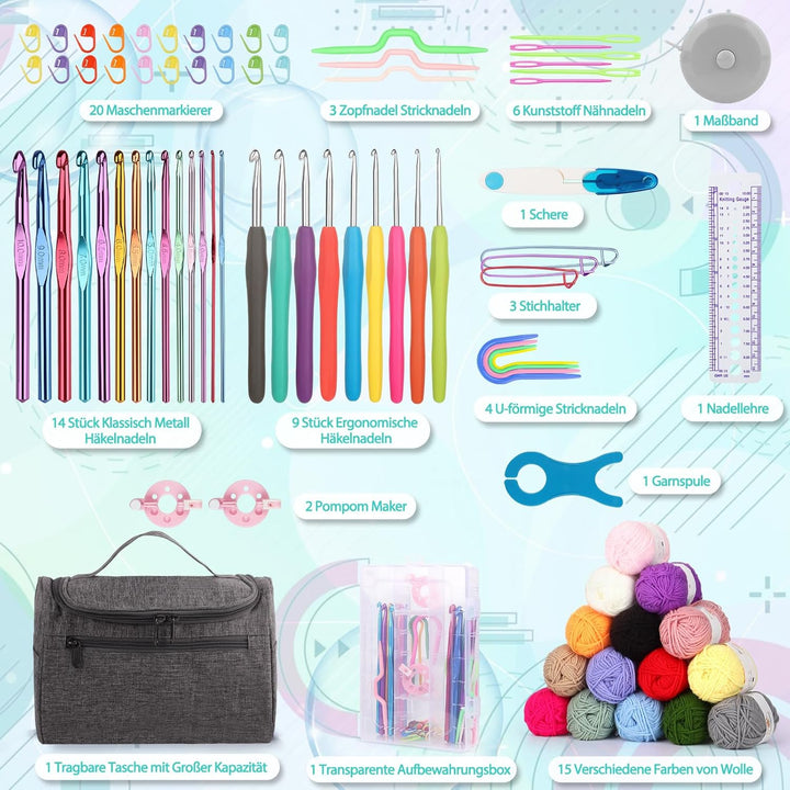 Coopay Tragbar Häkelset für Anfänger, Häkelnadel Set mit 15 Wolle, Tasche, Häkelzubehör, Ergonomisch