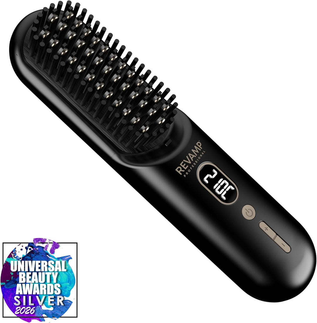 REVAMP Straight & Go Glättbürste kabellos – Mini Haarglätter Bürste mit Ionen & Keramik, USB-C Akku,