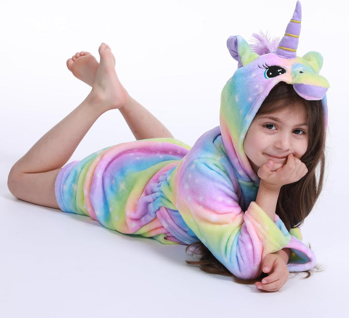 Bademantel für Mädchen, Weicher Flanell Schlafanzug mit Kapuze, Warme Kinder Hausbekleidung für 3-11