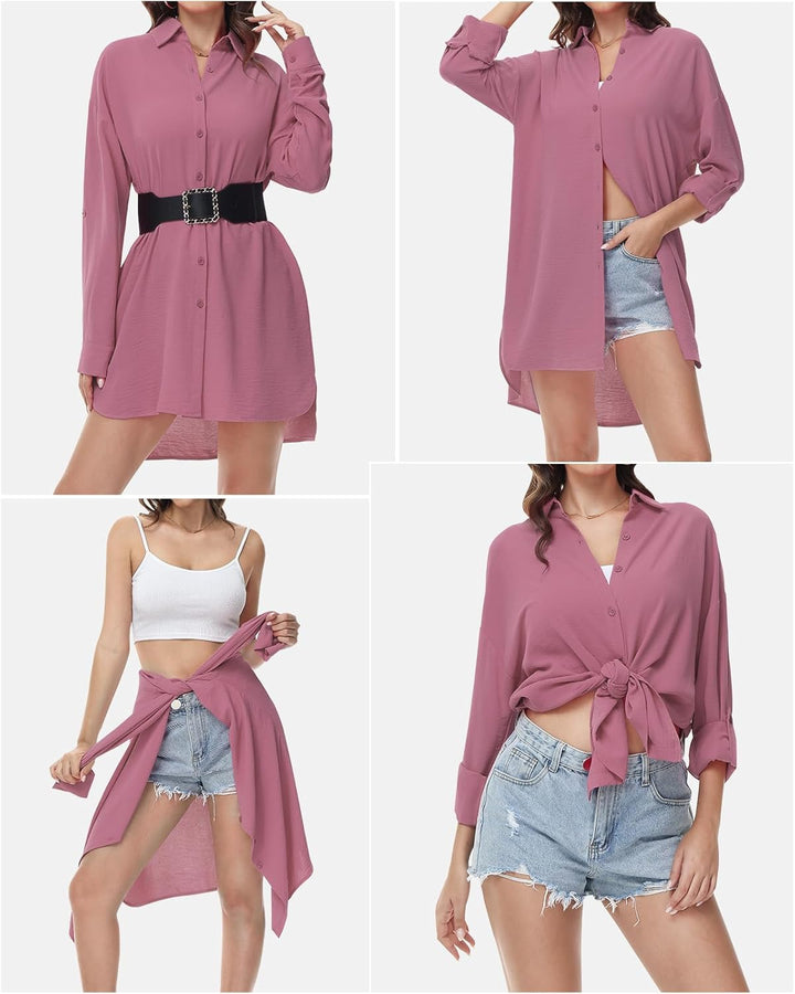 Damen Bluse V-Ausschnitt Hemdbluse Langarm Lässiges Hemd zum Knöpfen Langarmshirt Casual Oberteile A