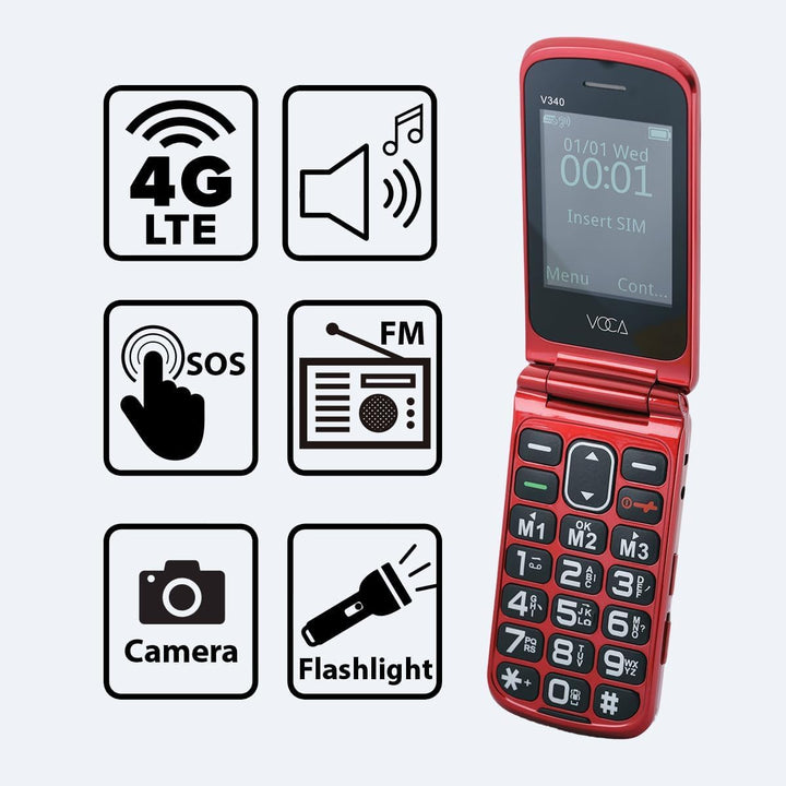 VOCA Klapphandy mit grossen Tasten für Senioren | Entsperrtes 4G LTE | Hohe Lautstärke | SOS-Taste |