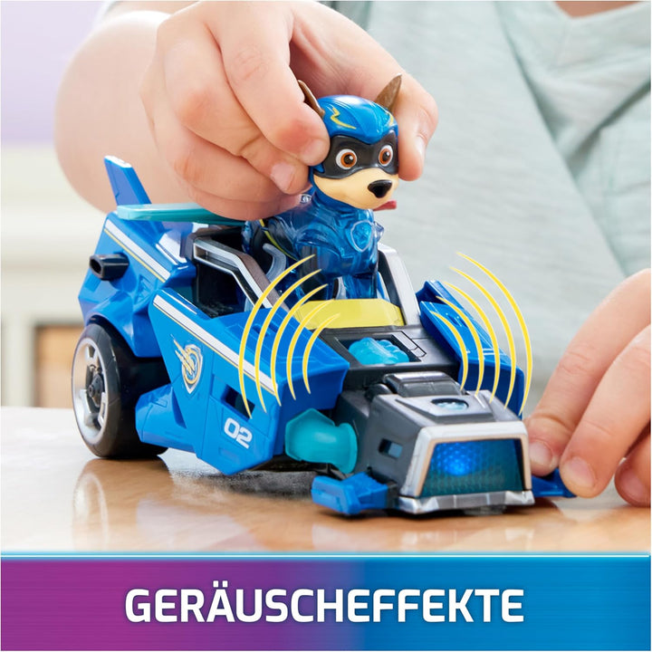 PAW PATROL: Der Mighty Kinofilm, Superhelden-Fahrzeug Spielzeugauto von Chase mit Welpenfigur, Poliz