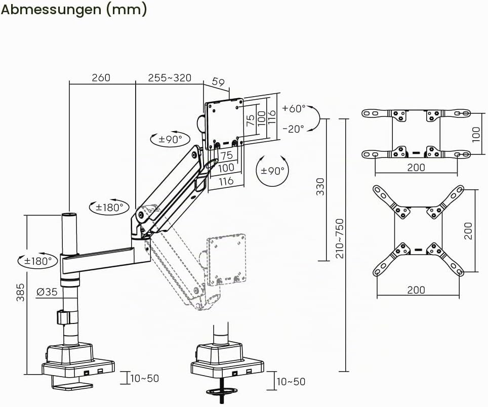 Monitor Halterung mit Säule Extrastark bis 27kg bis 57 Zoll Tragarm mit Gasdruckfeder LED LCD Monito
