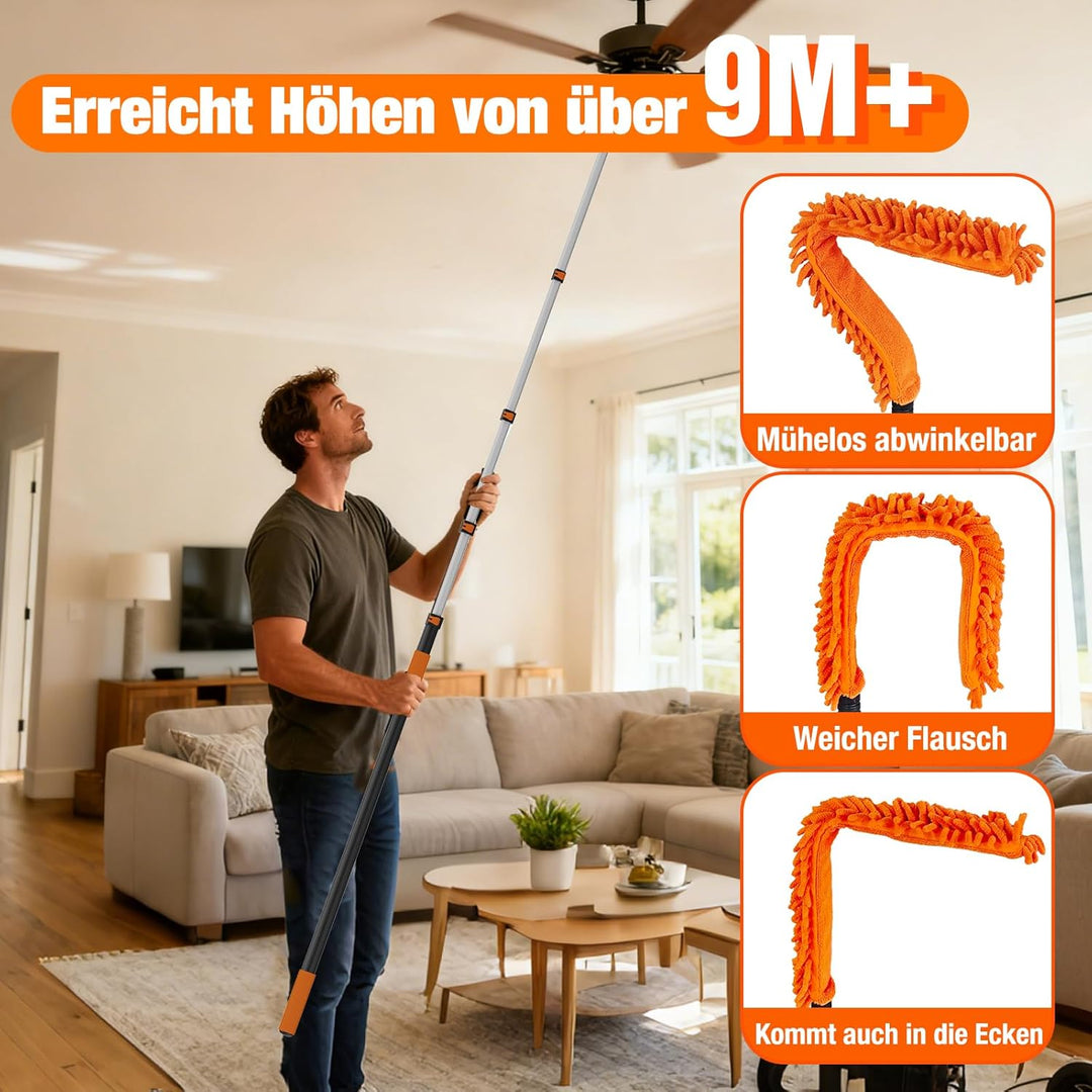 SISUPASSIE 9m Staubwedel Teleskop, Spinnenwebenentferner waschbar, Fensterputzer mit Teleskopstange