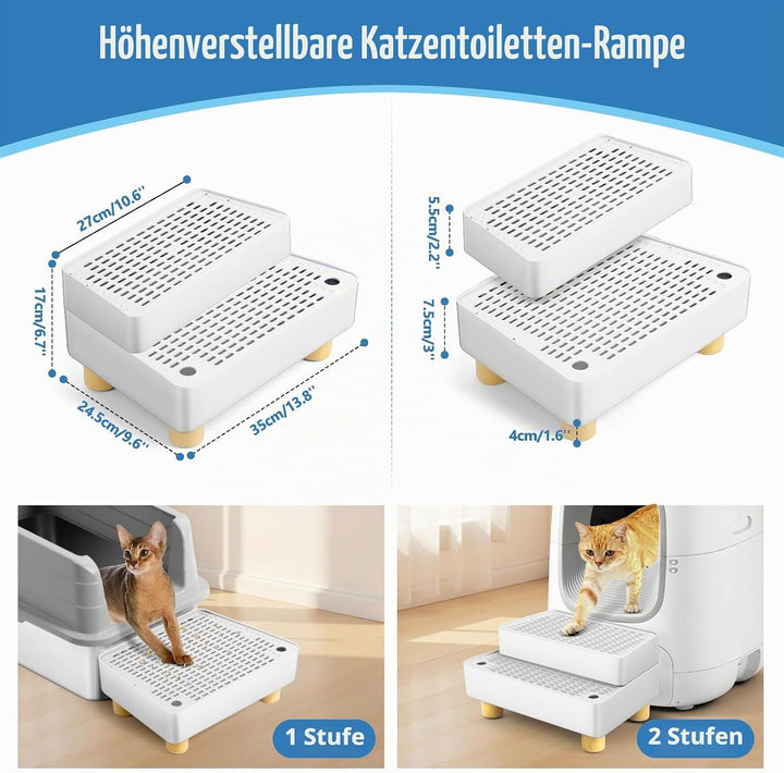 Bartuke Verstellbare 2-stufige Katzentoilettenrampe, Katzen Treppen&amp;Stufen mit Holzfüsse Filterfunkt