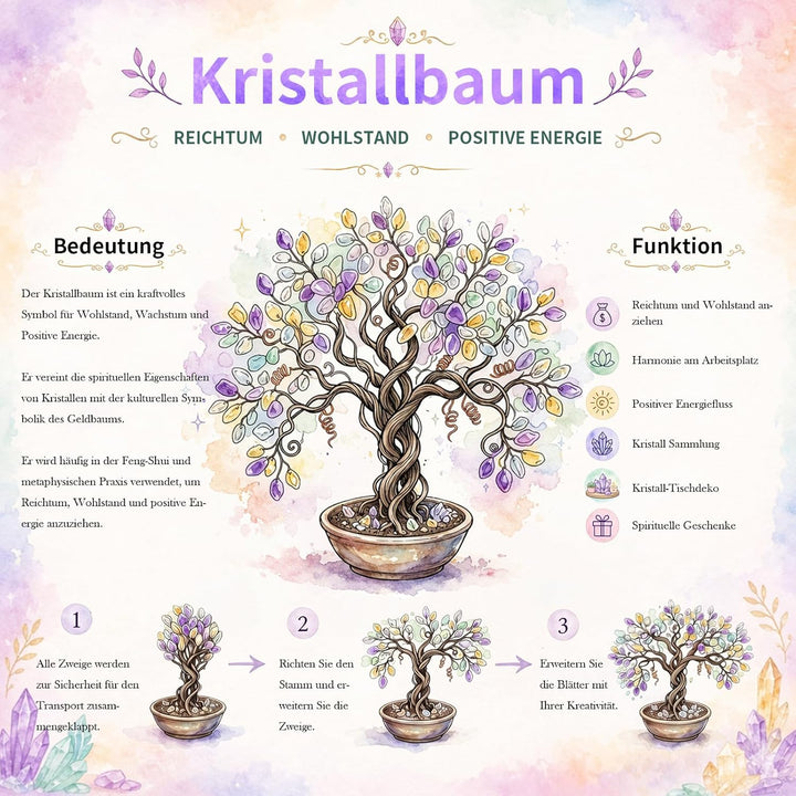 mookaitedecor 7 Chakra Stein Geld Baum mit goldenen Geldbeutel Basis, Feng Shui Baum Bonsai Ornament
