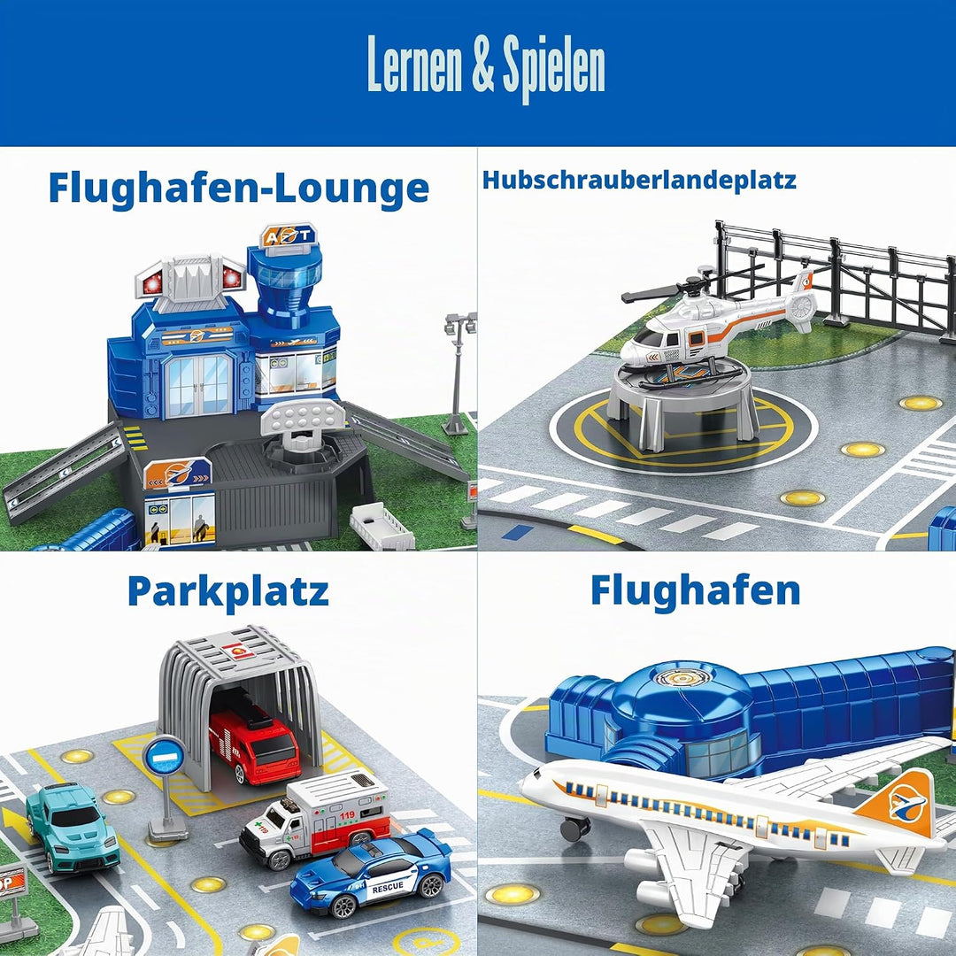 Flugzeug Spielzeug Set mit Lastwagen, Hubschrauber, Flugzeuge, Schilder und Flughafen-Spielmatte, in