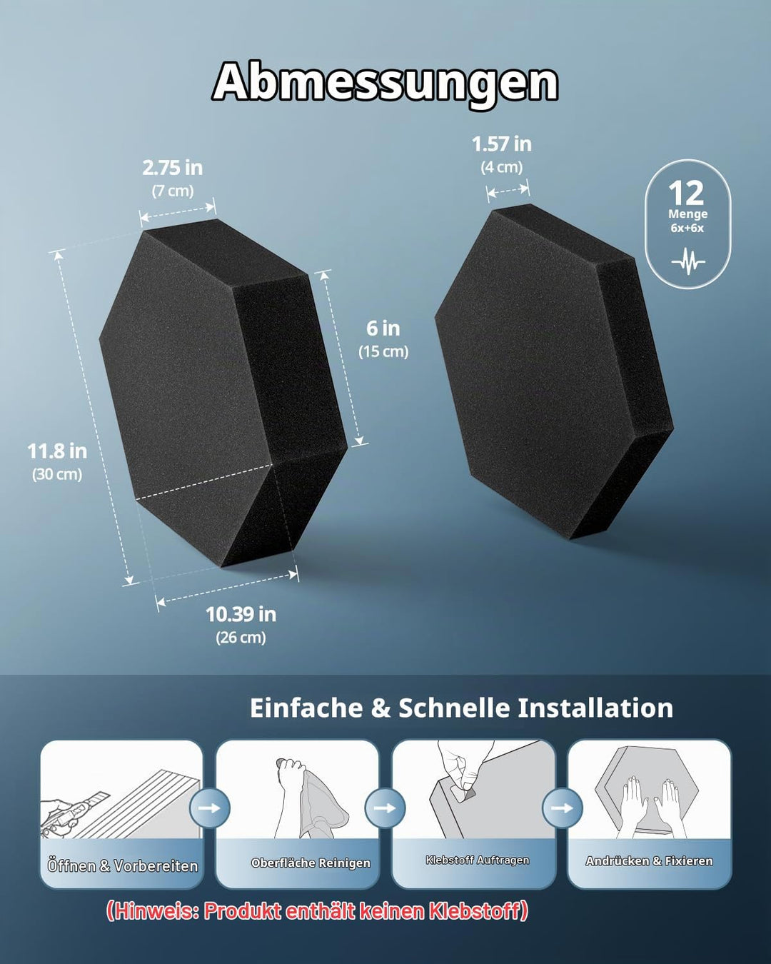 Kuchoow Akustikschaumstoff Schallabsorber Akustikplatten Wand, 12 Stück 3D Hexagon Akustik Schaumsto