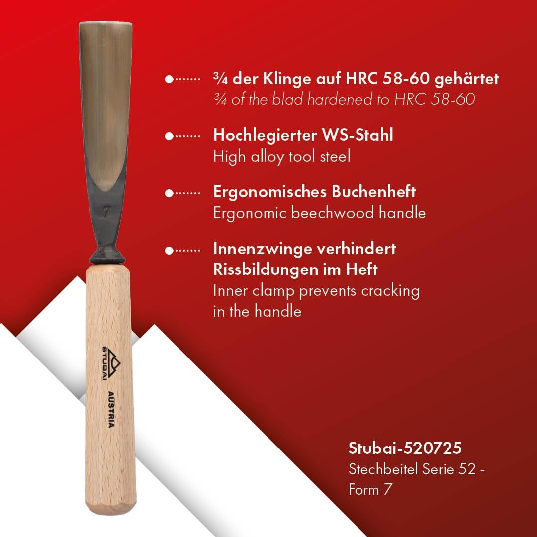 STUBAI Stemmeisen Stechbeitel Serie 52 - Form 7 | Gerades Hohleisen - 25 mm, mit Holzgriff, für Figu