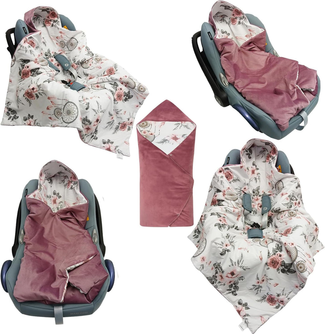 Baby Einschlagdecke Doppelseitig 86x86 cm Baumwolle-Velours für Kinderwagen und Babybett (Rosa Velou